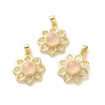 Natural Rose Quartz Pendants, Rack Plating Golden Tone Brass Charms, Long-Lasting Plated, Lead Free & Cadmium Free, Flower, 18x16x5~5.5mm, Hole: 3.5x3mm