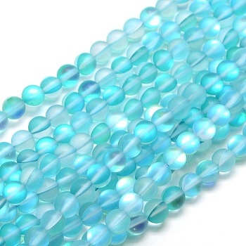 Synthetic Moonstone Beads Strands, Holographic Beads, Half AB Color Plated, Frosted, Round, Cyan, 6mm, Hole: 1mm, about 60pcs/strand, 15 inch