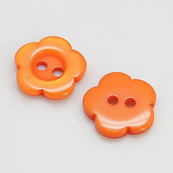 Resin Buttons, Dyed, Flower, Dark Orange, 15x3mm, Hole: 1mm