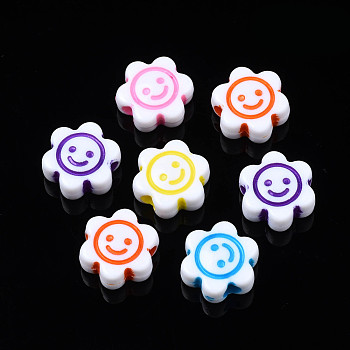 Opaque White Acrylic Beads, Flower with Smiling Face, Mixed Color, 10x11x5mm, Hole: 2mm, about 1665pcs/500g