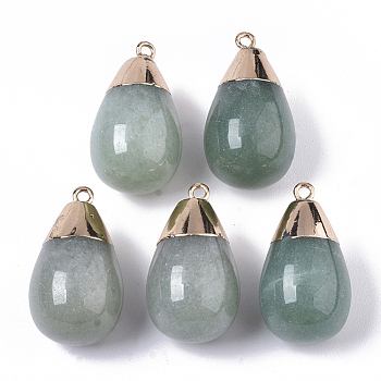 Top Golden Plated Natural Green Aventurine Pendants, with Iron Loop, Teardrop, 28~29.5x16mm, Hole: 1.6mm