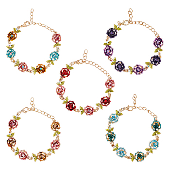 5Pcs 5 Colors Alloy Rose Link Chain Bracelets Set with Rhinestone, Mixed Color, Inner Diameter: 6-1/8 inch(15.7cm), 1Pc/color