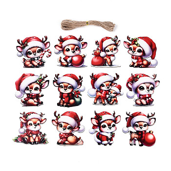 UV Single Face Printed Wood Pendant Decorations, Deer, Jute Rope Hanging Decorations, Laser Cut Wood Shapes, Colorful, 77~79x67~79x2mm, Hole: 2.5mm