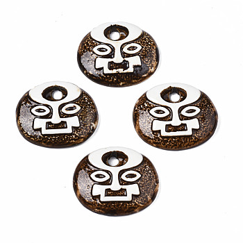 Handmade Porcelain Big Pendants, Flat Round with Face, Saddle Brown, 50~52x42.5~43.5x10.5mm, Hole: 6mm