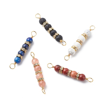 Natural Mixed Gemstone Connector Charms, with Golden Tone Copper Wire Wrapped and Brass Rhinestone Spacer Beads, Round, Mixed Dyed and Undyed, 43x6.5mm, Hole: 4mm