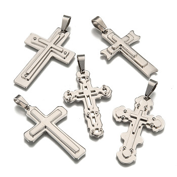 Non-Tarnish 201 Stainless Steel Big Pendants, with 201 Stainless Steel Clasp, Cross, Stainless Steel Color, 60~67x34~44x6~8mm