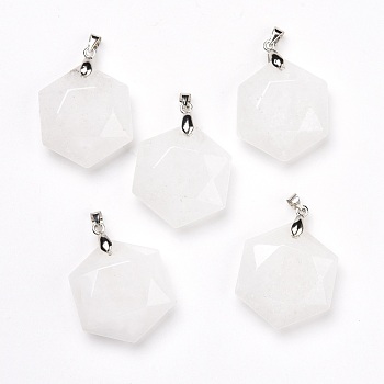 Natural Quartz Crystal Pendants, Rock Crystal, with Platinum Tone Brass Findings, Faceted, Hexagon, 37x24x10mm, Hole: 4x4mm