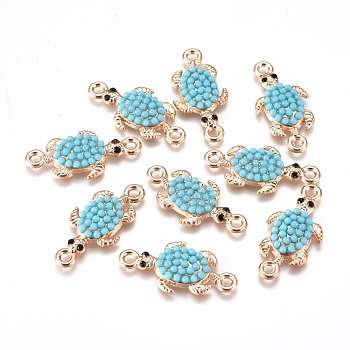 Alloy Links Connectors, with Dark Turquoise Seed Beads & Black Diamond Rhinestone, Turtle, Golden, 26x12.5x3.5mm, Hole: 1.8mm