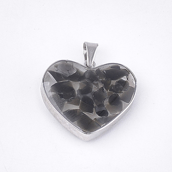 Natural Black Agate Pendants, with Glass and 304 Stainless Steel Findings, Heart, Stainless Steel Color, 19x21x6mm, Hole: 3x5.5mm