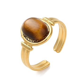 304 Stainless Steel Cuff Rings, with Natural Tiger Eye, Oval, Real 18K Gold Plated, Adjustable