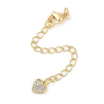 Brass Micro Pave Cubic Zirconia Ends with Chains, Heart, Real 18K Gold Plated, 74mm, Hole: 2.5mm