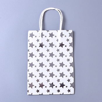 Rectangle Kraft Paper Bags with Handle, Shopping Bag, Merchandise Bag, Gift, Party Bag, Star Pattern, Gray, 14.8x8x20.8cm