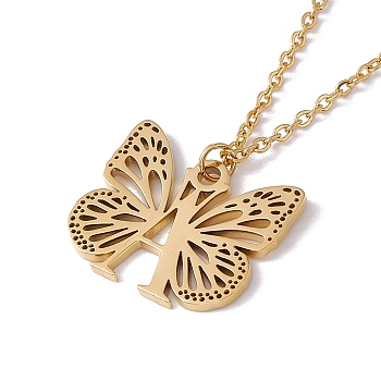 Initial Letter with Butterfly Pendant Necklace, Golden 304 Stainless Steel Jewelry for Women, Letter.A, Pendant: 17x20x1mm, 15.55 inch(39.5cm)