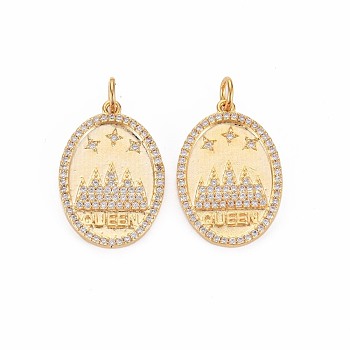 Brass Micro Pave Clear Cubic Zirconia Pendants, Nickel Free, Oval with Star, Real 18K Gold Plated, 22x15x2mm, Jump Ring: 5x0.5mm, Inner Diameter: 3mm.