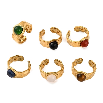 Round Natural Mixed Stone Finger Rings, Golden Tone 304 Stainless Steel Wide Cuff Rings for Women, Inner Diameter: Adjustable