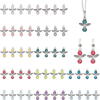 4 Sets Baking Painted Pearlized Glass Pearl Pendants, with Tibetan Style Alloy Beads and Rhinestone Spacer Beads, Angel, Mixed Color, 28.5x21.5x8mm, Hole: 2.5mm, 12pcs/set