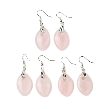 Natural Rose Quartz Dangle Earrings, with Rack Plating Brass Earring Hooks, Lead Free & Cadmium Free, Leaf, 50x18mm