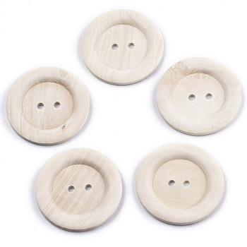Large Natural Wood Buttons, 2-Hole, Wide Rim, Unfinished Wooden Button, Flat Round, PapayaWhip, 59~60x5mm, Hole: 5mm
