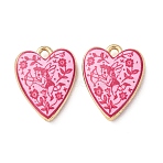 Printed Alloy Pendants, Heart with Cupid & Floral Pattern Charms, Rack Plating, Cadmium Free & Lead Free, Hot Pink, Golden, 19.5x15.5x4mm, Hole: 1.8mm(AL-CBA7256-19G)