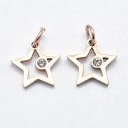 316 Surgical Stainless Steel Pendants, with Cubic Zirconia, Long-Lasting Plated, Star, Clear, Real Rose Gold Plated, 14x14x2mm, Hole: 3mm(STAS-J038-01A-RG)