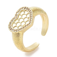 Rack Plating Brass Pave Clear Cubic Zirconia OPen Cuff Rings, Cadmium Free & Lead Free, Long-Lasting Plated, Heart with Hexagon, Real 18K Gold Plated, Adjustable(RJEW-M172-14G)