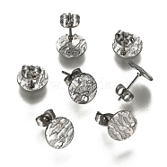 304 Stainless Steel Stud Earring Findings, with Ear Nuts/Earring Backs & Loop, Textured, Flat Round, Stainless Steel Color, 10mm, Hole: 1.2mm, Pin: 0.8mm(STAS-I157-11A-P)