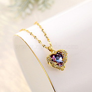 Heart Cubic Zirconia Pendant Necklace with Brass Chains, Real 18K Gold Plated, 15.75 inch(40cm)(HL6182)