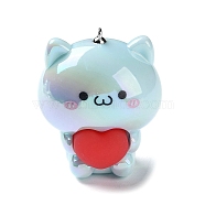 Acrylic Pendants, Cat Shape with Silicone Heart Charms, with Iron Loops, Aqua, 44.5~45x38x35mm, Hole: 1.6mm(MACR-M039-01A)