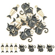 10Pcs 2 Styles Alloy Enamel Pendants, Cat & Fish Bone, Light Gold, Black, 21~24x8~20x1.5mm, Hole: 2mm, 5pcs/style(ENAM-YW0003-15)