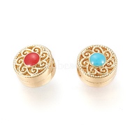 Brass Beads, with Enamel, Flat Round with Flower, Red & Turquoise, Real 18K Gold Plated, 10x6.8mm, Hole: 2.2mm(KK-I679-07G)