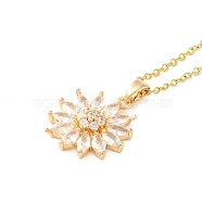 Brass Micro Pave Cubic Zirconia Pendant Necklaces for Women, 201 Stainless Steel Cable Chain Necklaces, Flower, Clear, 15.75 inch(40cm)(NJEW-E106-13KCG-01)