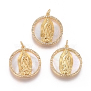 Brass Pendants, with Micro Pave Cubic Zirconia, Shell and Jump Rings, Flat Round with Virgin Mary, Clear, Golden, 25x22x3mm, Hole: 3mm(KK-I656-29A-01-G)