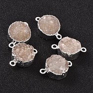 Flat Round Plated Natural Druzy Quartz Links connectors, with Silver Color Plated Brass Finding, 22~23x15~16x5~6mm, Hole: 2mm(G-P090-15)