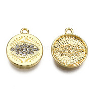 Rack Plating Alloy Charms, with Crystal Rhinestone, Cadmium Free & Nickel Free & Lead Free, Flat Round with Eye, Light Gold, 18x15.5x2mm, Hole: 1.6mm(PALLOY-N155-189)