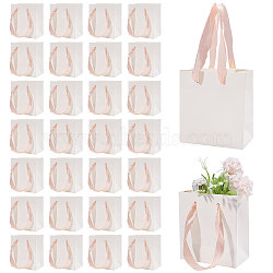 30Pcs Paper Gift Tote Bags with Pink Ribbon, for Wedding Birthday Baby Shower, Recycled Bags, Rectangle, White, 11x6x12cm(ABAG-GL0001-12)