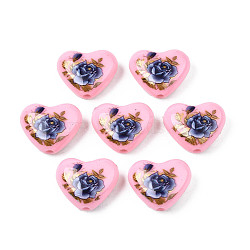 Flower Printed Opaque Acrylic Heart Beads, Pink, 16x19x8mm, Hole: 2mm(SACR-S305-28-H01)