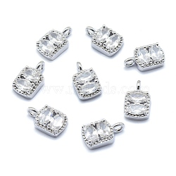 Brass Charms, with Cubic Zirconia, Cadmium Free & Nickel Free & Lead Free, Rectangle, Clear, Real Platinum Plated, 11x6.5x3mm, Hole: 2mm(ZIRC-J040-33P-NR)