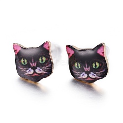 Real 14K Gold Plated Alloy Kitten Stud Earrings, with Enamel and Environment Stainless Steel Pin, Printed, Cat Pattern, Black, 10~10.5x10.5~11mm, pin: 0.7mm(EJEW-G148-01G-02)
