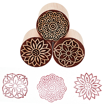 3Pcs 3 Styles Round Wooden Traditional Chinese Moon Cake Stamps, Dessert Stamp Cookies Mold, DIY Moon Cake Tools, Blanched Almond, Flower Pattern, 50~50.5x49.5~50mm, 1pc/style