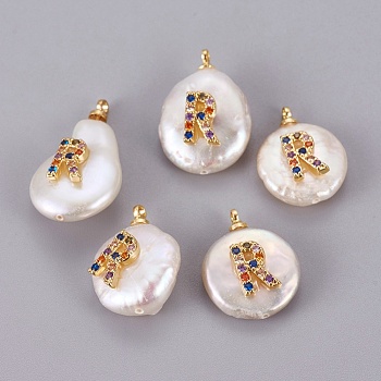 Natural Cultured Freshwater Pearl Pendants, with Brass Cubic Zirconia Cabochons, Long-Lasting Plated, Nuggets with Letter, Colorful, Real 18K Gold Plated, Letter.R, 17~23x13~16x6~11mm, Hole: 1.4~1.6mm