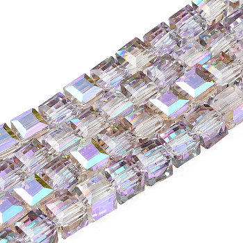 Electroplate Transparent Glass Beads Strands, Faceted, Cube, Plum, 7x7x7mm, Hole: 1.4mm, about 100pcs/strand, 26.77 inch(68cm)