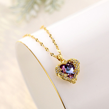 Heart Cubic Zirconia Pendant Necklace with Brass Chains, Real 18K Gold Plated, 15.75 inch(40cm)