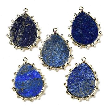 Natural Lapis Lazuli Pendants, Rack Plating Golden Tone Brass Pave Clear Cubic Zirconia Teardrop Charms, 30.5x23.5x2mm, Hole: 1.4mm