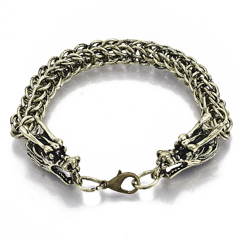 Men's Alloy Wheat Chain Bracelets, with Lobster Claw Clasps, Dragon, Antique Bronze, 8-1/2 inch(21.5cm)