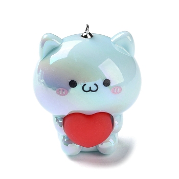Acrylic Pendants, Cat Shape with Silicone Heart Charms, with Iron Loops, Aqua, 44.5~45x38x35mm, Hole: 1.6mm