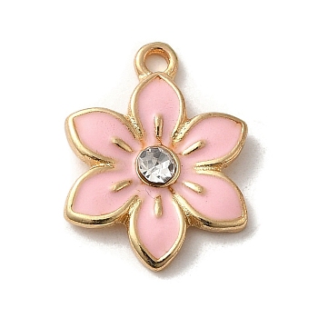 Flower Alloy Enamel Pendants, with Rhinestone, Light Gold, Pink, 17x13x3mm, Hole: 1.5mm