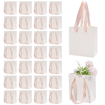 30Pcs Paper Gift Tote Bags with Pink Ribbon, for Wedding Birthday Baby Shower, Recycled Bags, Rectangle, White, 11x6x12cm