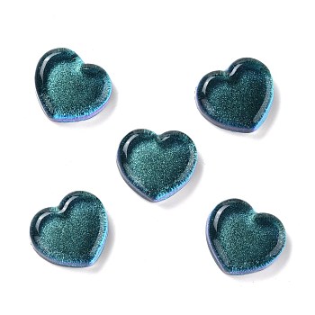 Transparent Resin Cabochons, with Glitter, Heart, Teal, 18x19.5x6.5mm