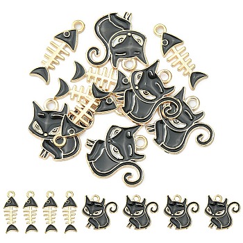 10Pcs 2 Styles Alloy Enamel Pendants, Cat & Fish Bone, Light Gold, Black, 21~24x8~20x1.5mm, Hole: 2mm, 5pcs/style
