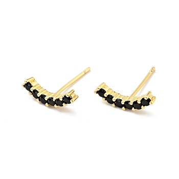 Black Cubic Zirconia Curved Bar Stud Earrings, Brass Jewelry for Women, Cadmium Free & Nickel Free & Lead Free, Real 18K Gold Plated, 4x13.5mm, Pin: 0.7mm